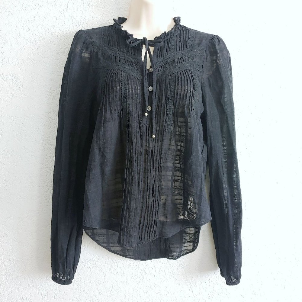 Veronica Beard Jaime Black Cotton Peasant Semi Sheer 6 SMALL Blouse Long Sleeve